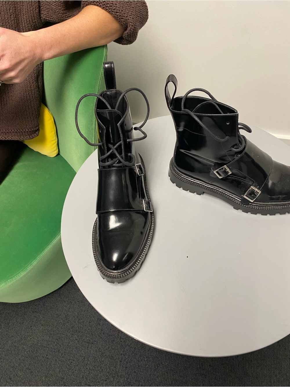 Black Patent Lace-Up Buckle Combat Boots